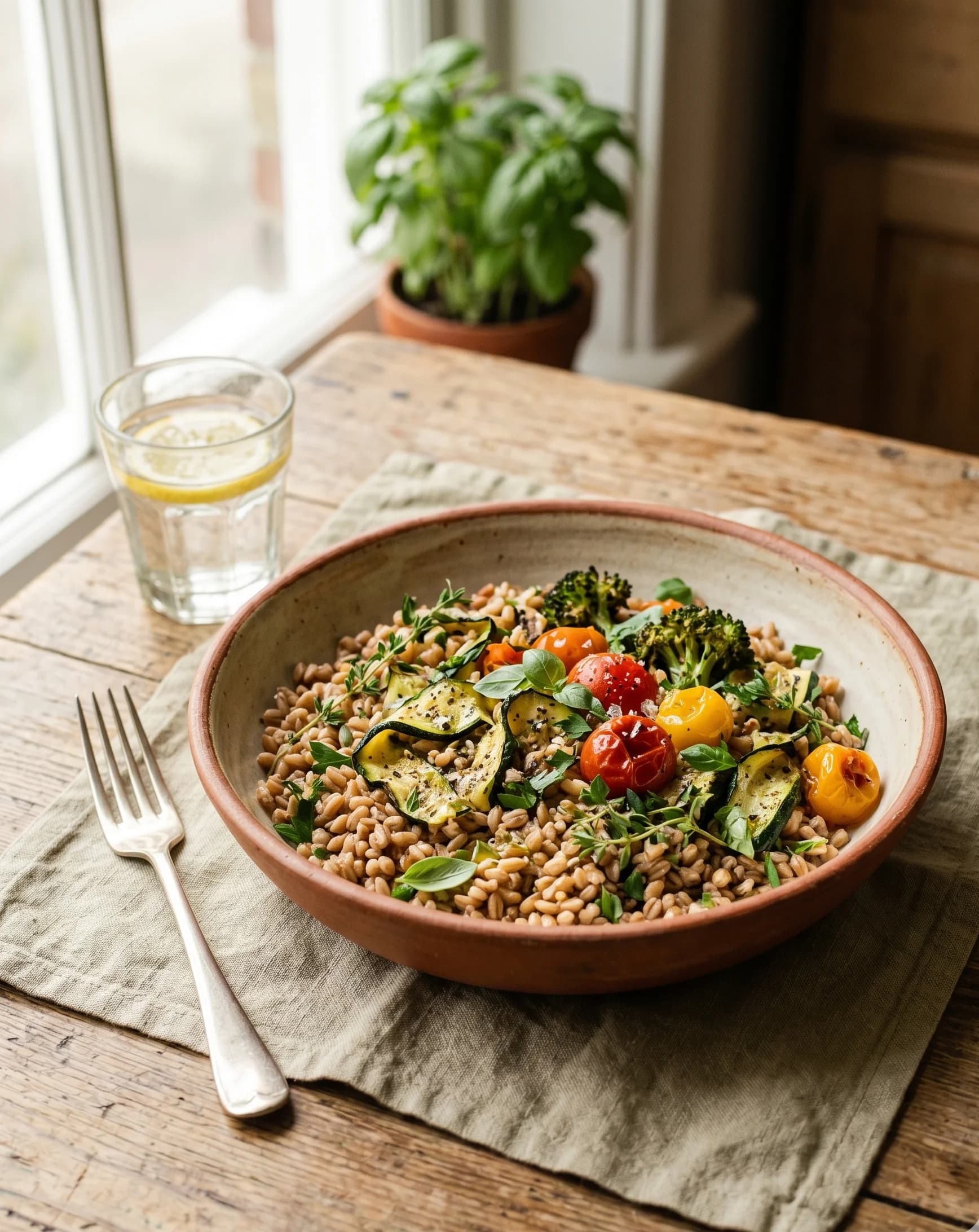 Un piatto di farro con verdure di stagione