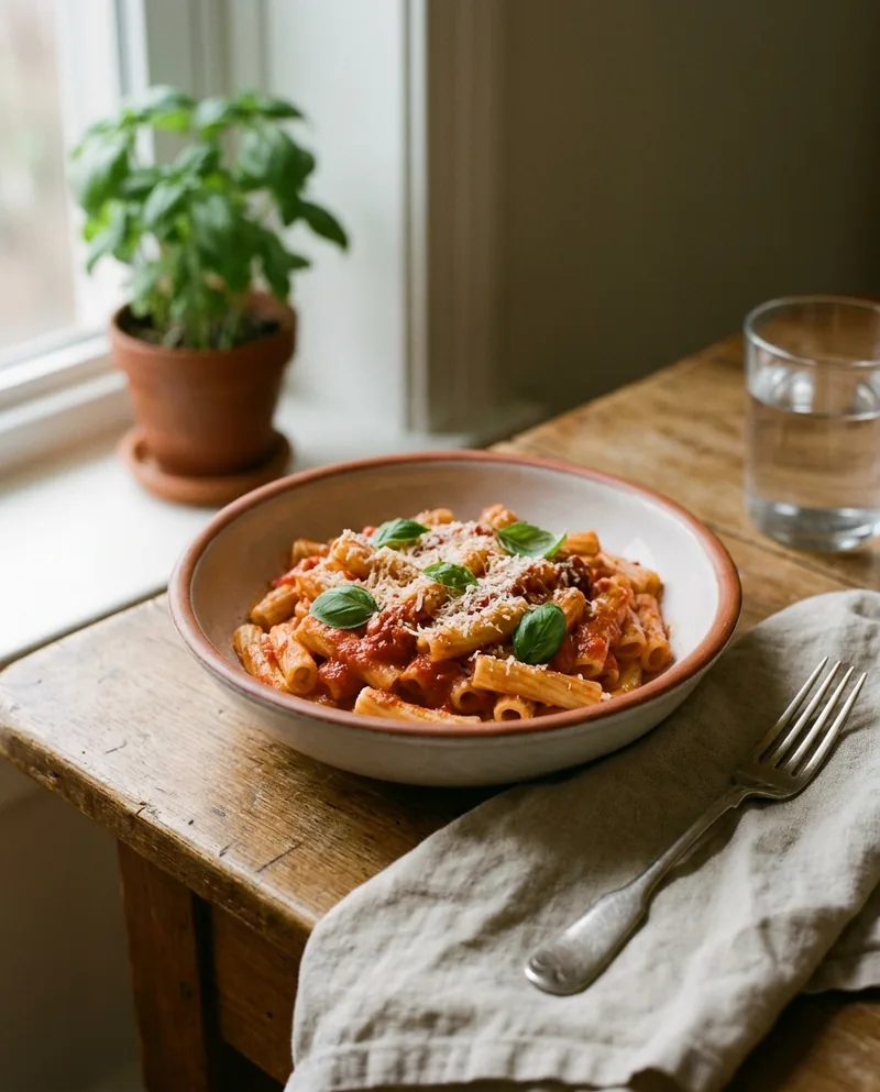 Un piatto di pasta al pomodoro con basilico e parmigiano